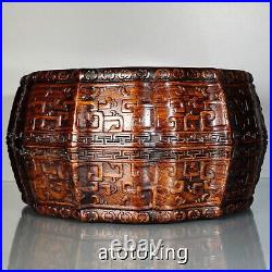 12China antique Flower Pear wood embossed ancient animal pattern drum box