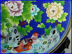 15 Decorative Cloisonne Plate & Wooden Stand, Mandarin Duck Bird Flower Pattern