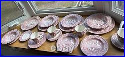 19 Pc Staffordshire Engravings Wild Rose Dinnerware Set Red Pink 5/4 Pc -Saucer