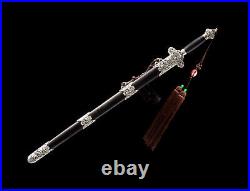 39'' Silver Dragon Damascus Folded Steel Ebony Chinese Sword Handmade Qing Jian