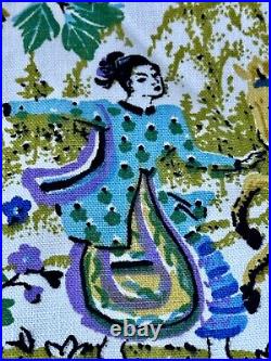 3YDS 1960's Chinese Tribal SHOGUN Oriental PAGODA Barkcloth Era Vintage Fabric