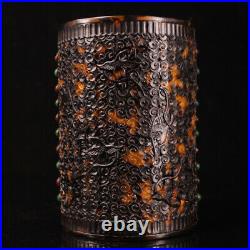 5.91Collection Chinese Tortoiseshell Hand carved pattern inlay gem Brush pot