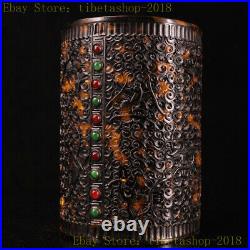 5.91Collection Chinese Tortoiseshell Hand carved pattern inlay gem Brush pot