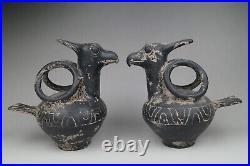 A Pair Fine Collection Chinese 2thBC Han Black Pottery Bird Pattern Wine Kettle