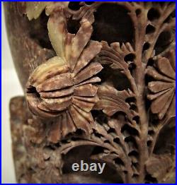 Antique Chinese ShowShan 40-50s Rose Soap Stone Hand Carved Floral Pattern Vase