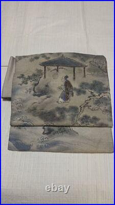 Antique Obi Pure Silk Woven Fabric Nagoya Tailored Otaiko Pattern Chinese Painti