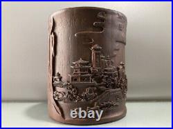 Chinese Antique Old Bamboo Carved Landscape Pattern Brush Pot Collection Art