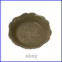 Chinese Ding Ware Tan Olive Glaze Flower Pattern Ceramic Bowl Display ws3280