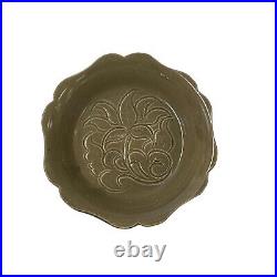 Chinese Ding Ware Tan Olive Glaze Flower Pattern Ceramic Bowl Display ws3280