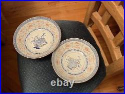 Chinese Dinnerware Traditional Blue/White Floral Gold Rim Rice Grain Pattern