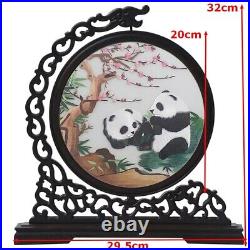 Chinese Silk Embroidery Screen Decor Panda Pattern Wenge Wood Rack Handcraft
