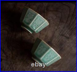 Chinese Tea Utensils, Celadon, Octagonal Bowls With Inlaid Floral Patterns, Art