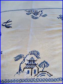 Chinoiserie Blue Willow Pattern 70 Long 54 Wide Hand Embroidered Tablecloth