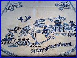 Chinoiserie Blue Willow Pattern 70 Long 54 Wide Hand Embroidered Tablecloth
