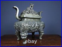Collect Chinese Old white copper silver hand carven beast pattern incense burner