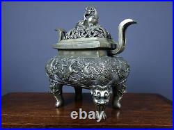 Collect Chinese Old white copper silver hand carven beast pattern incense burner