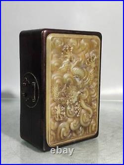 Collection Chinese Rosewood Inlaid Jade Hand-carved Dragon Pattern Jewelry Box 8