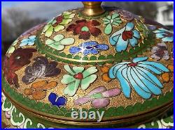 Gorgeous Vintage Oriental Cloisonné Jar WithLid Reverse Pattern 14 K Gold Base Mkd