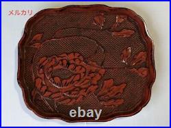 Lacquareware Chinese Antique Art Peony Pattern Vermilion Tea Tray Used Japan