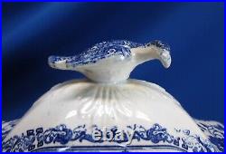 Large Staffordshire Flow Blue Pedestal Tureen Chinese Gem Pattern Bird Finial