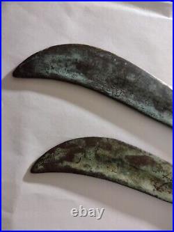 Pair of Antique Chinese Bronze Single-edged 9x2in Daggers with Patterned Handles