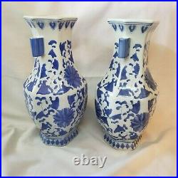 Pair of Large Blue and White 6 Sided Porcelain Vase-Floral Pattern 14