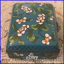 Vintage 3.75 Chinese Cloisonné Footed Trinket Jewelry Box Hinged Floral Pattern