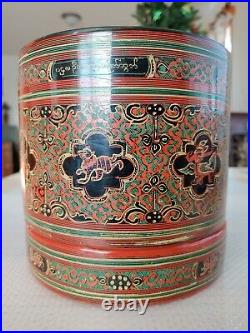 Vintage Asian Wooden lacquerware Engraved Totem Pattern Artwork Snacks Tea Caddy