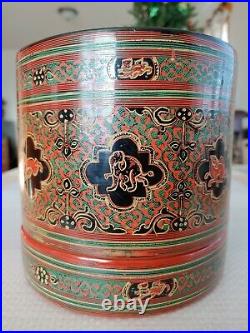 Vintage Asian Wooden lacquerware Engraved Totem Pattern Artwork Snacks Tea Caddy