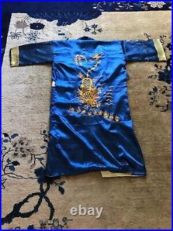 Vintage Blue Chinese Robe Gown Embroidery Crouching Tiger Hidden Dragon Fulushou