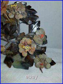 Vintage Chinese Stone Carved Bonsai Tree Jade Quartz Pot MCM Blossom Floral