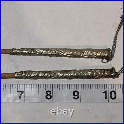 Vintage Silver Wood Turquoise With Chain Rose Pattern Chinese Chopsticks